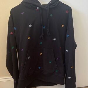 Champion Black Hoodie with Multicolor Logo Accents